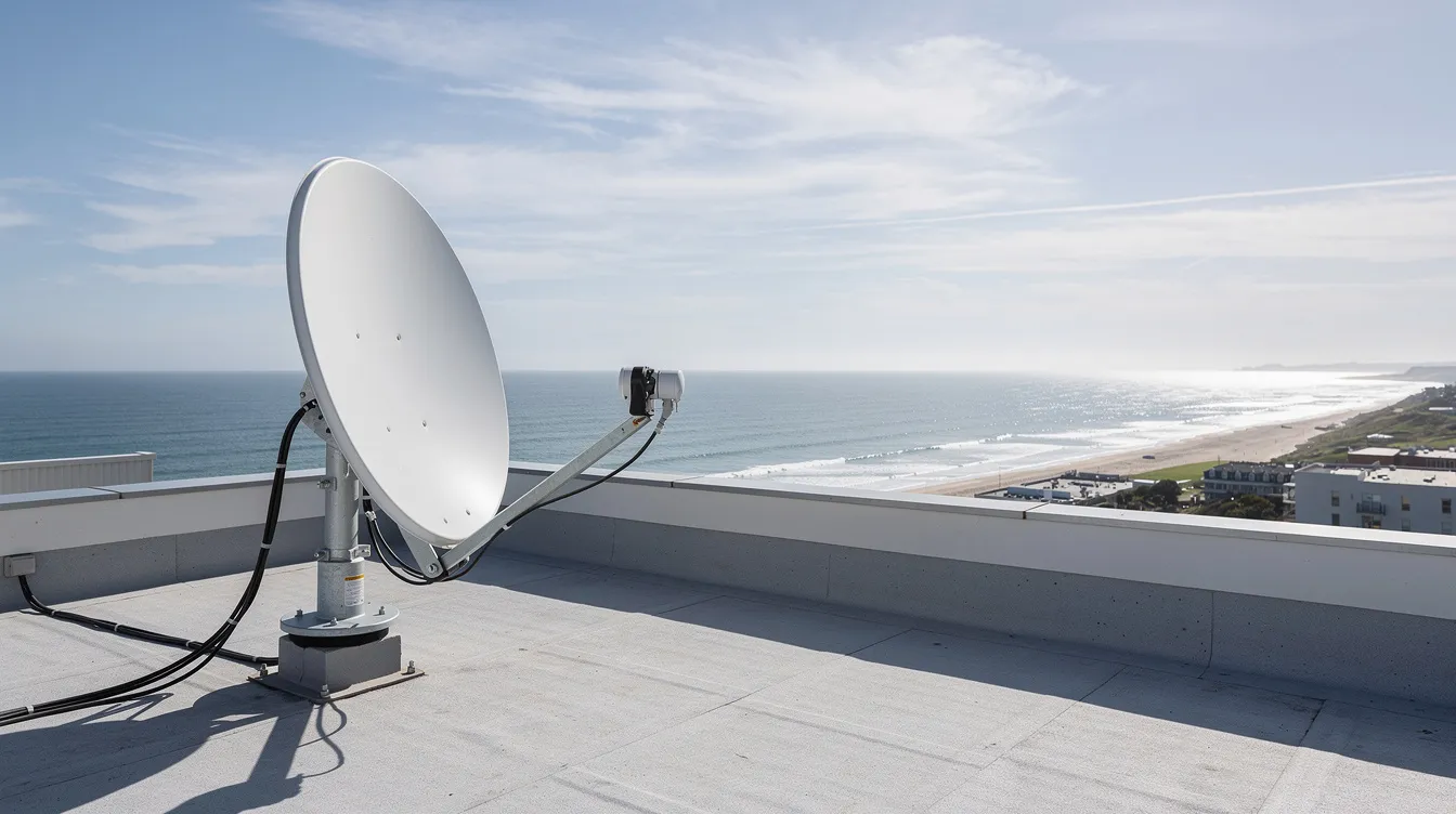 A professional satellite dish is mounted on the rooftop of a coastal property, providing an unobstructed view of the ocean in the background. This installation represents expert DSTV installation services in Bantry Bay, ensuring reliable signal reception for uninterrupted viewing.
