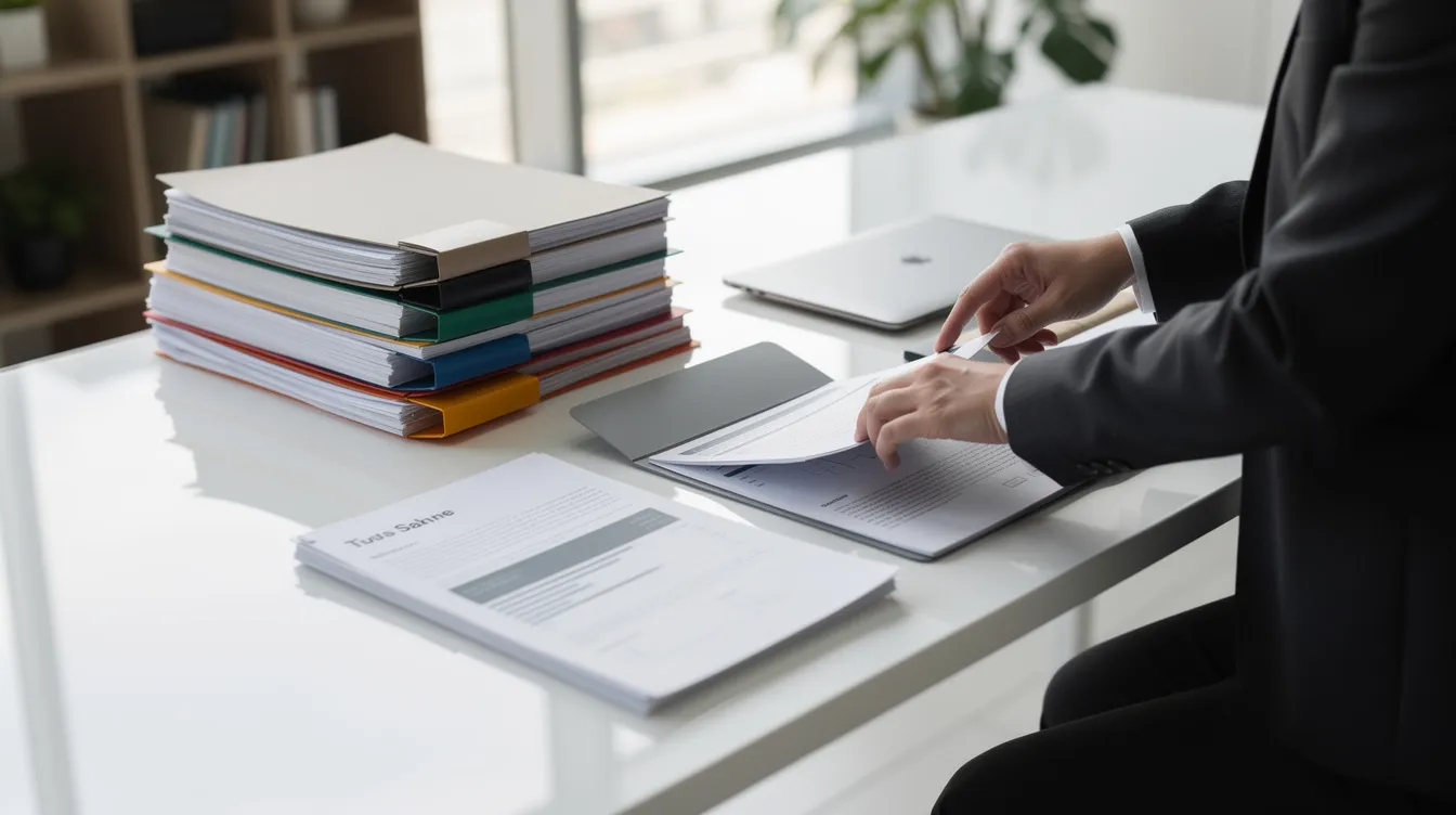 A person is diligently organizing various business documents and folders on a clean desk, creating an efficient workspace for managing 中小企 financing applications and other business-related tasks. The neat arrangement suggests a focus on productivity and organization.