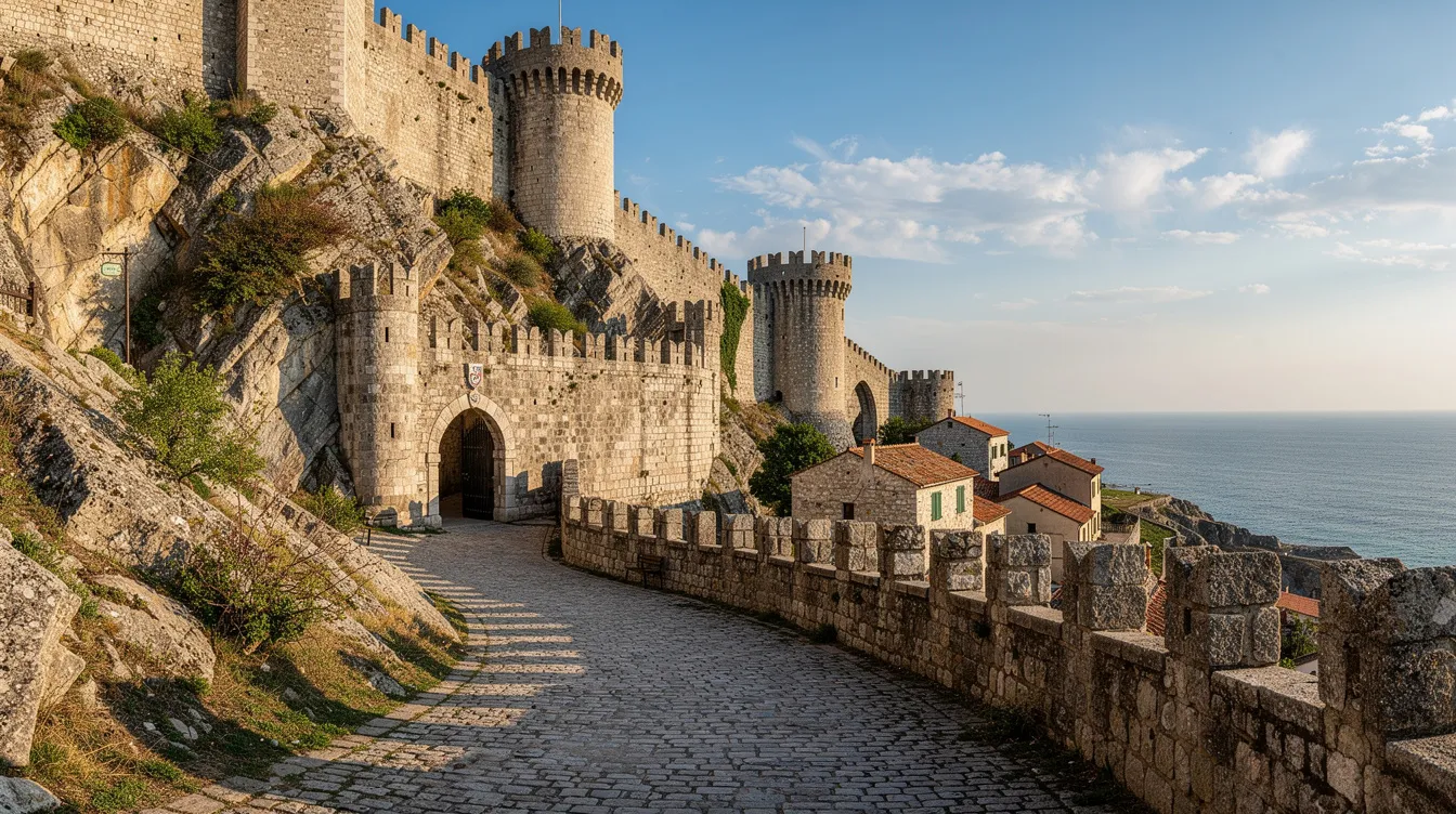 A imagem retrata as muralhas medievais de uma antiga cidade, com uma vista deslumbrante do mar azul ao fundo. Essa cena evoca a rica história da Croácia, destacando a beleza de seus destinos turísticos.