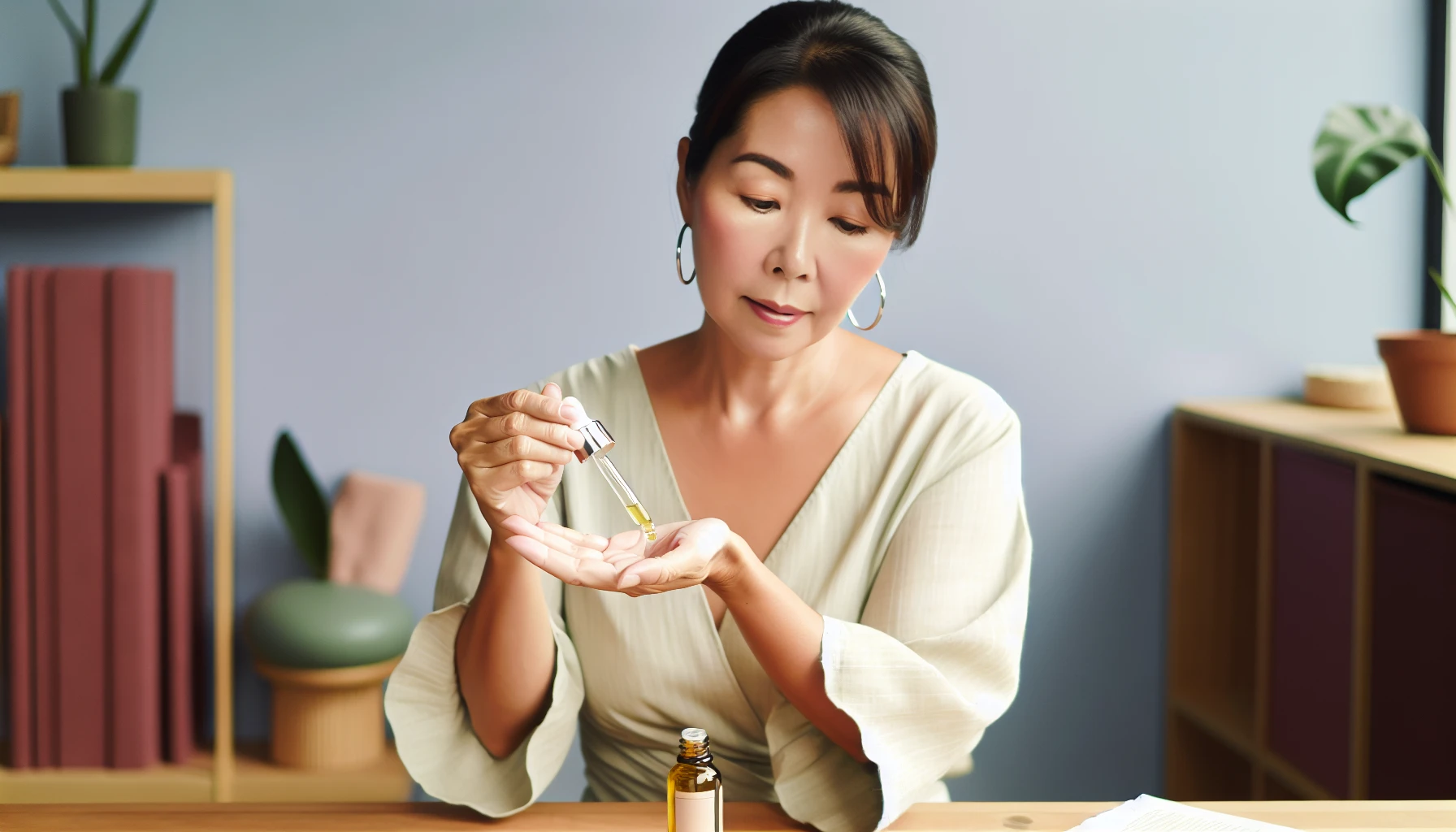 Woman applying essential oil topically