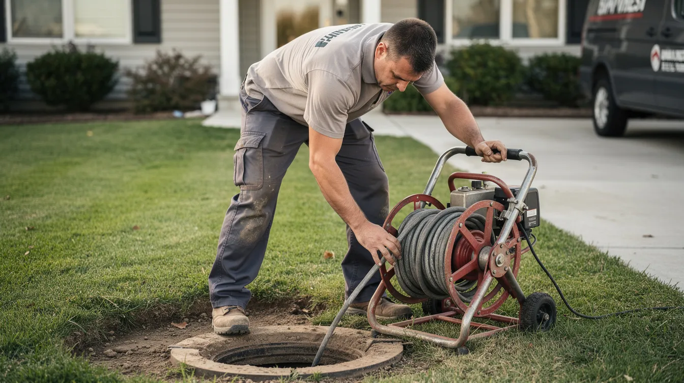 A professional plumber is using a cable machine to perform drain cleaning services near a round access pipe in a residential yard, addressing potential sewer issues. The equipment is positioned to effectively unclog the main sewer line, ensuring proper drainage for the home.