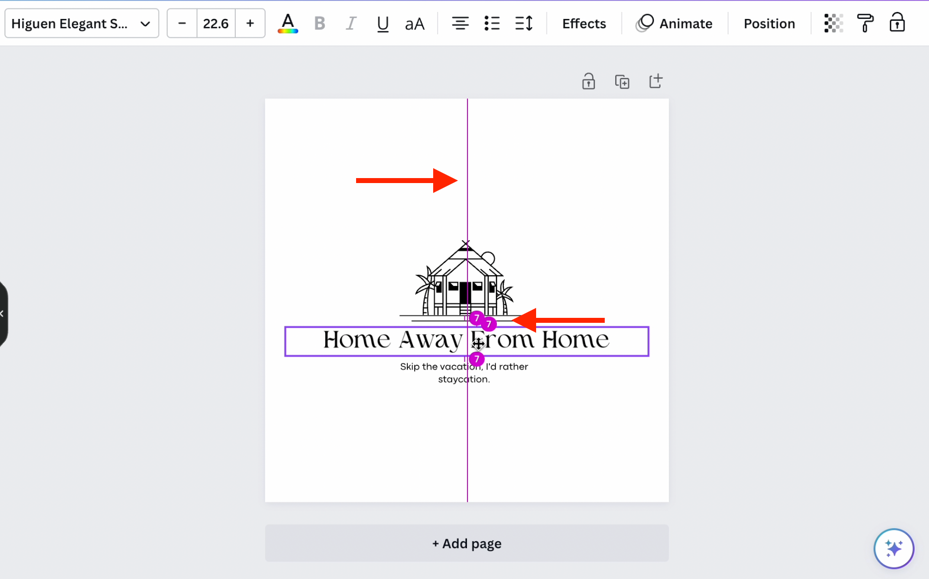 When you click and drag different elements, you will see purple lines and numbers that pop up allowing you to space each element equally.