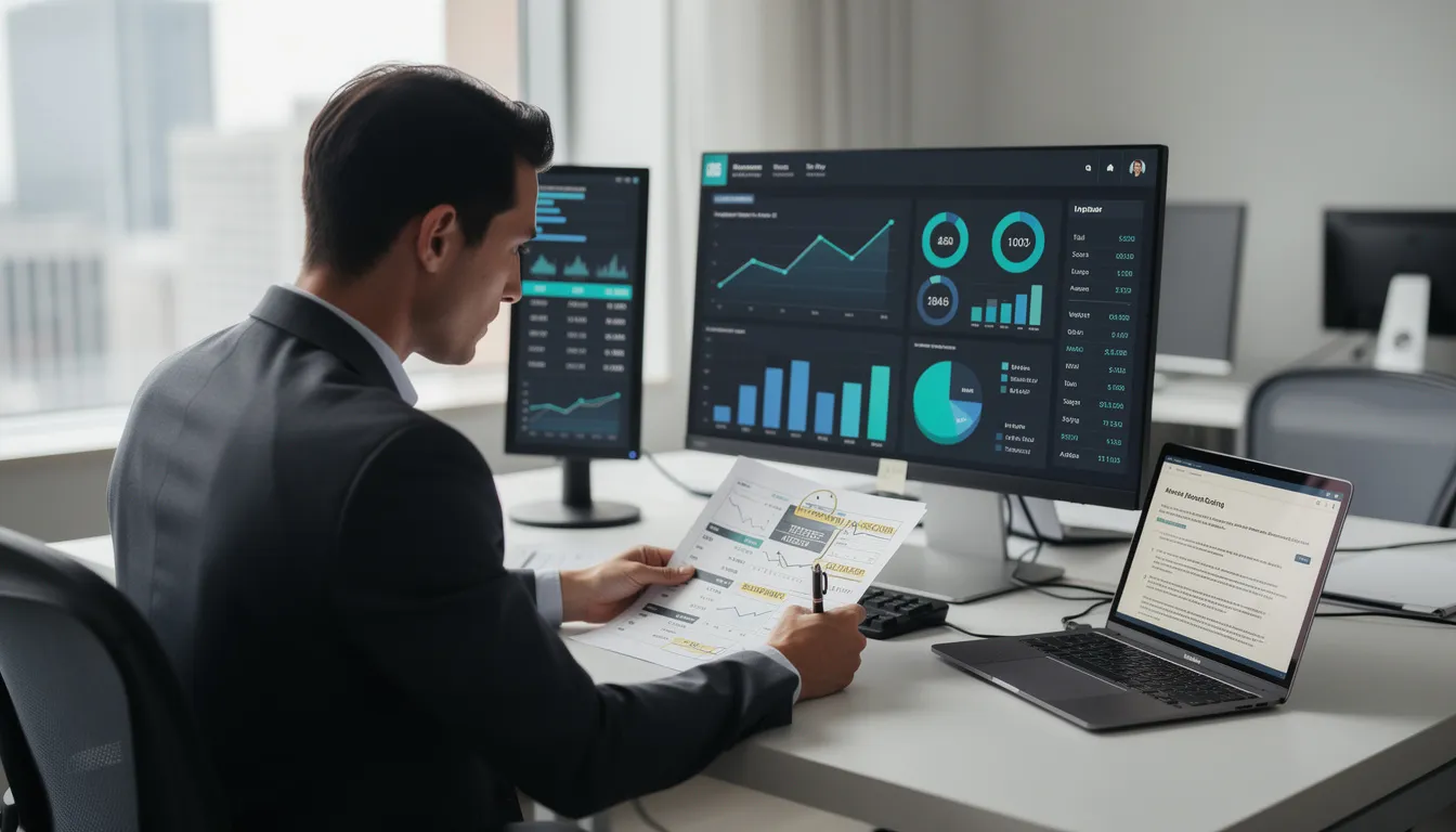 A professional is meticulously reviewing documents alongside digital screens that display intricate data analytics, highlighting the use of generative artificial intelligence and machine learning models in data science. The scene emphasizes the importance of analyzing large datasets and the role of AI tools in enhancing data quality and insights.