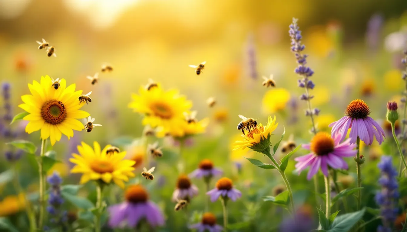 Rola roślin miododajnych w bioróżnorodności. Obrazek ukazuje pszczoły zbierające nektar z kwiatów.