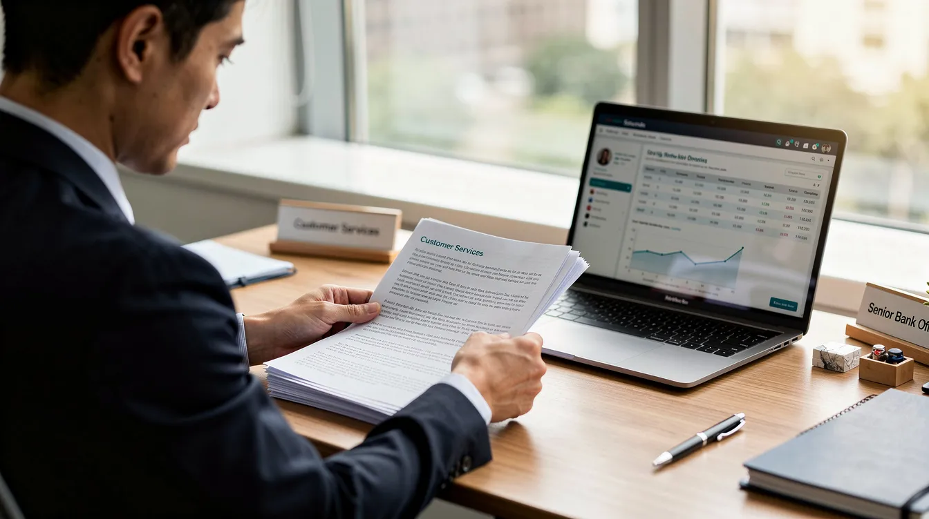 3ec6a381 a2aa 4a4f 950a 9ec962b5c95a A bank officer is seated at a desk, reviewing documents with a laptop open in front of them, likely assessing a mudra loan application. The scene suggests a focus on evaluating credit history and eligibility criteria for small business owners seeking financial assistance.