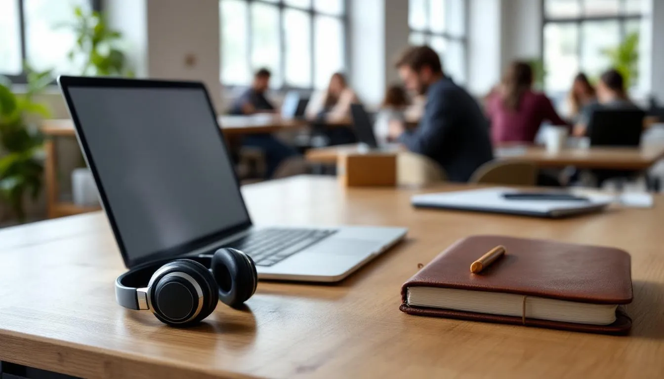 In dem Bild ist ein moderner Arbeitsplatz zu sehen, ausgestattet mit einem Laptop, einem Headset und einem Notizbuch, der für hybride Arbeitsmodelle und Co-Working-Spaces geeignet ist. Diese Arbeitsumgebung fördert die Zusammenarbeit von Mitarbeitern, die sowohl im Büro als auch remote arbeiten.