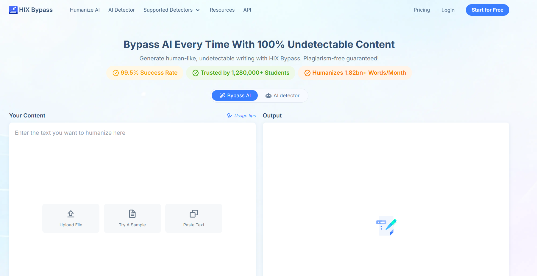 HIX Bypass AI writing platform featuring AI humanizer, AI detector bypass, and content rewriting tools for creating natural, plagiarism-free, human-like content.