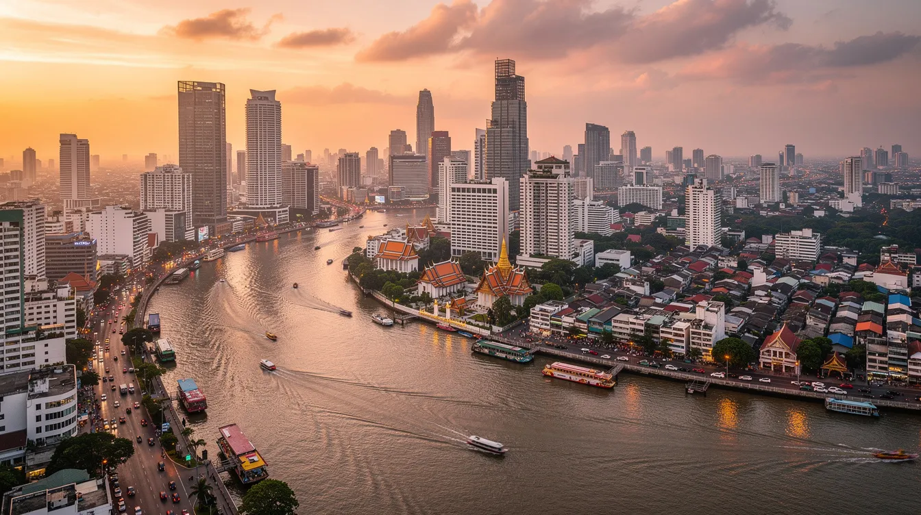 A imagem retrata a vibrante cidade de Bangkok, na Tailândia, com seus famosos templos budistas, como o Templo do Amanhecer e o Wat Phra Kaew, cercados pela movimentada vida noturna e a deliciosa comida de rua. O Rio Chao Phraya atravessa a cena, onde turistas e locais desfrutam de passeios de barco e exploram mercados flutuantes, refletindo a rica cultura e tradições tailandesas.