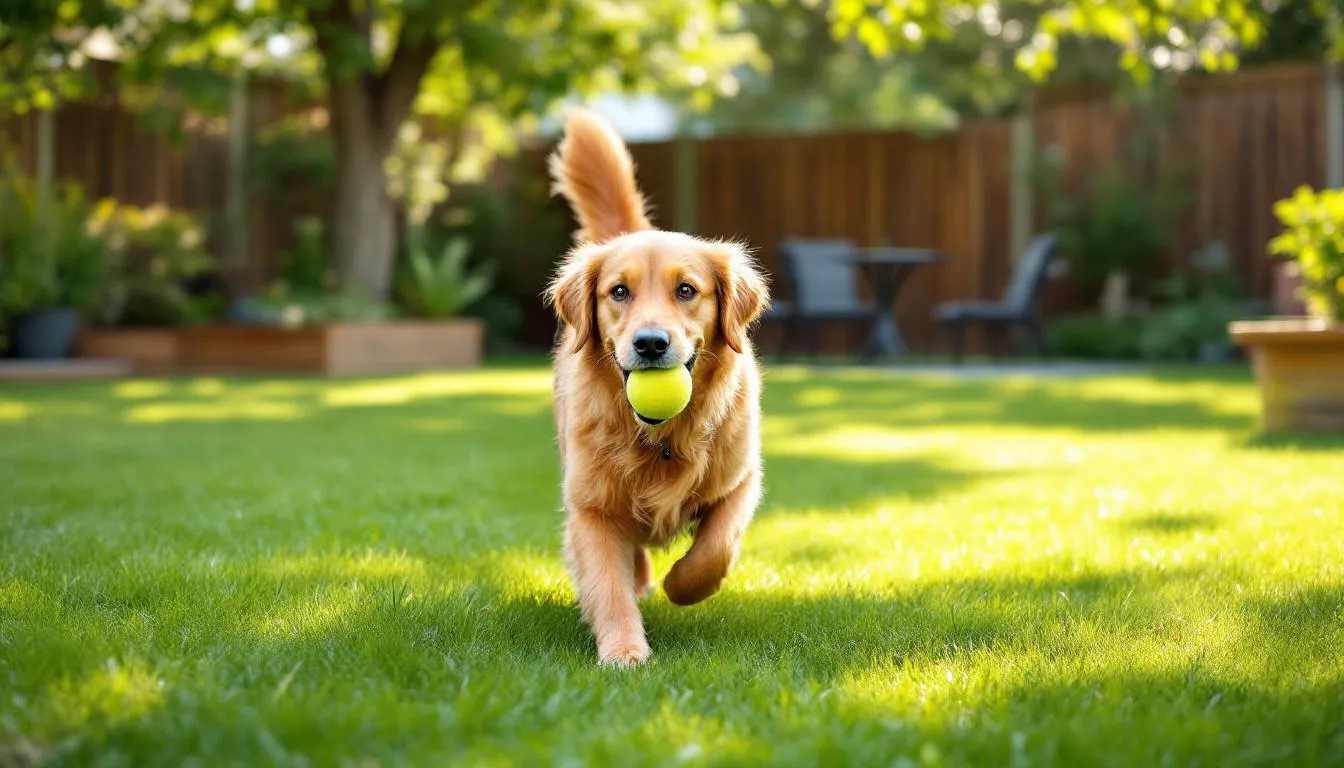 A joyful and healthy dog is playing in a grassy yard, enjoying life after successful treatment for colitis. The dog, previously affected by chronic colitis, now exhibits vibrant energy, showcasing the positive effects of dietary changes and veterinary care on its gut health.
