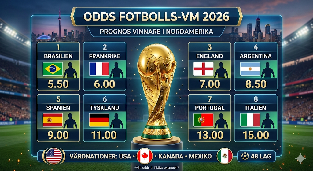Infografik med odds och favoriter inför Fotbolls VM 2026, där lag som Brasilien, Frankrike, England, Argentina och Spanien pekas ut som favoriter att vinna världsmästerskapet i fotboll 2026 som spelas i USA, Kanada och Mexiko.
