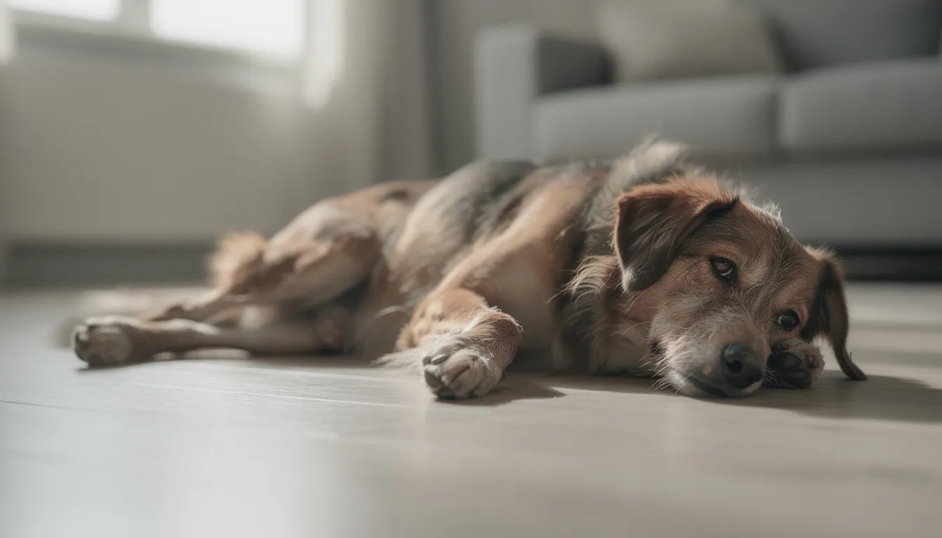 Na podłodze leży pies, który wygląda na osłabionego i apatycznego, co może wskazywać na problemy zdrowotne, takie jak ostra biegunka lub zapalenie trzustki. Jego brak apetytu i osowiałość mogą być objawami niepokojącymi, które wymagają konsultacji z lekarzem weterynarii.
