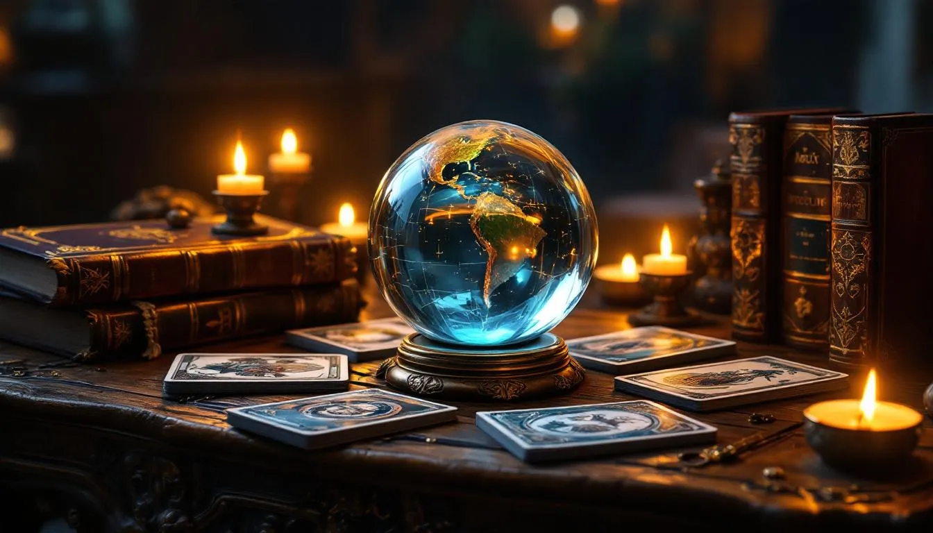 Dans une pièce éclairée par des bougies, une boule de cristal moderne repose sur une table ornée, entourée de livres mystiques et de cartes, évoquant des pratiques de divination et d'interprétation des présages pour explorer le futur. Les éléments de cet espace créent une atmosphère propice à la lecture des signes et à l'observation des phénomènes mystérieux.