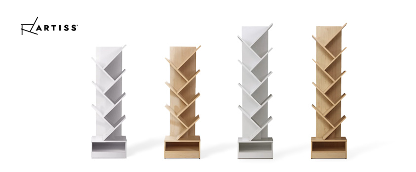 A selection of Artiss tree bookshelves in white and wood grain, 7 and 9-tiers.