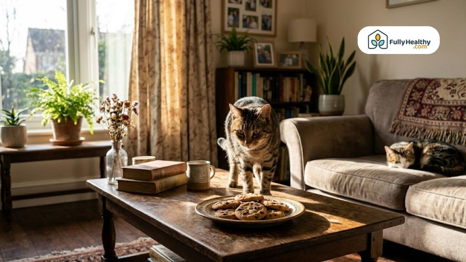 Cat sniffing chocolate cookies on table in cozy sunlit living room