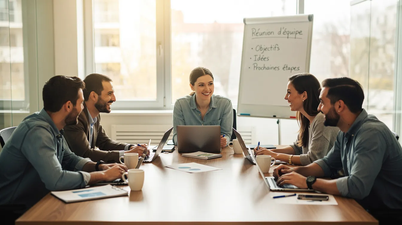 Une équipe de travail est réunie autour d'une table, souriante et engagée dans une discussion détendue, illustrant un état d'esprit positif et une atmosphère de collaboration. Cette scène reflète l'importance du bien-être et de la pensée positive dans la vie professionnelle.