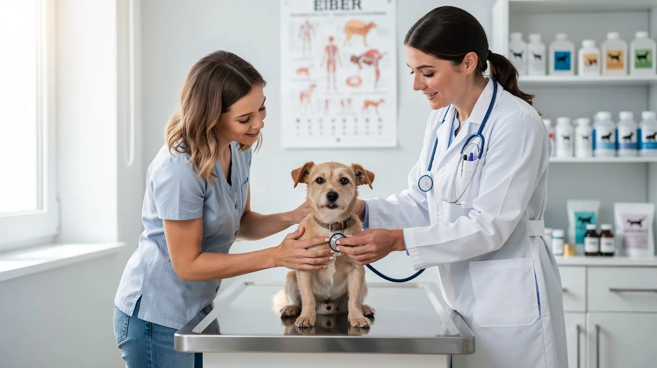 A small dog, possibly a toy poodle or a shih tzu, is sitting on the examination table at a veterinary checkup, looking up at its owner with expressive eyes. The owner, a caring dog lover, is attentively listening to the veterinarian, ensuring the health and well-being of their cherished companion.