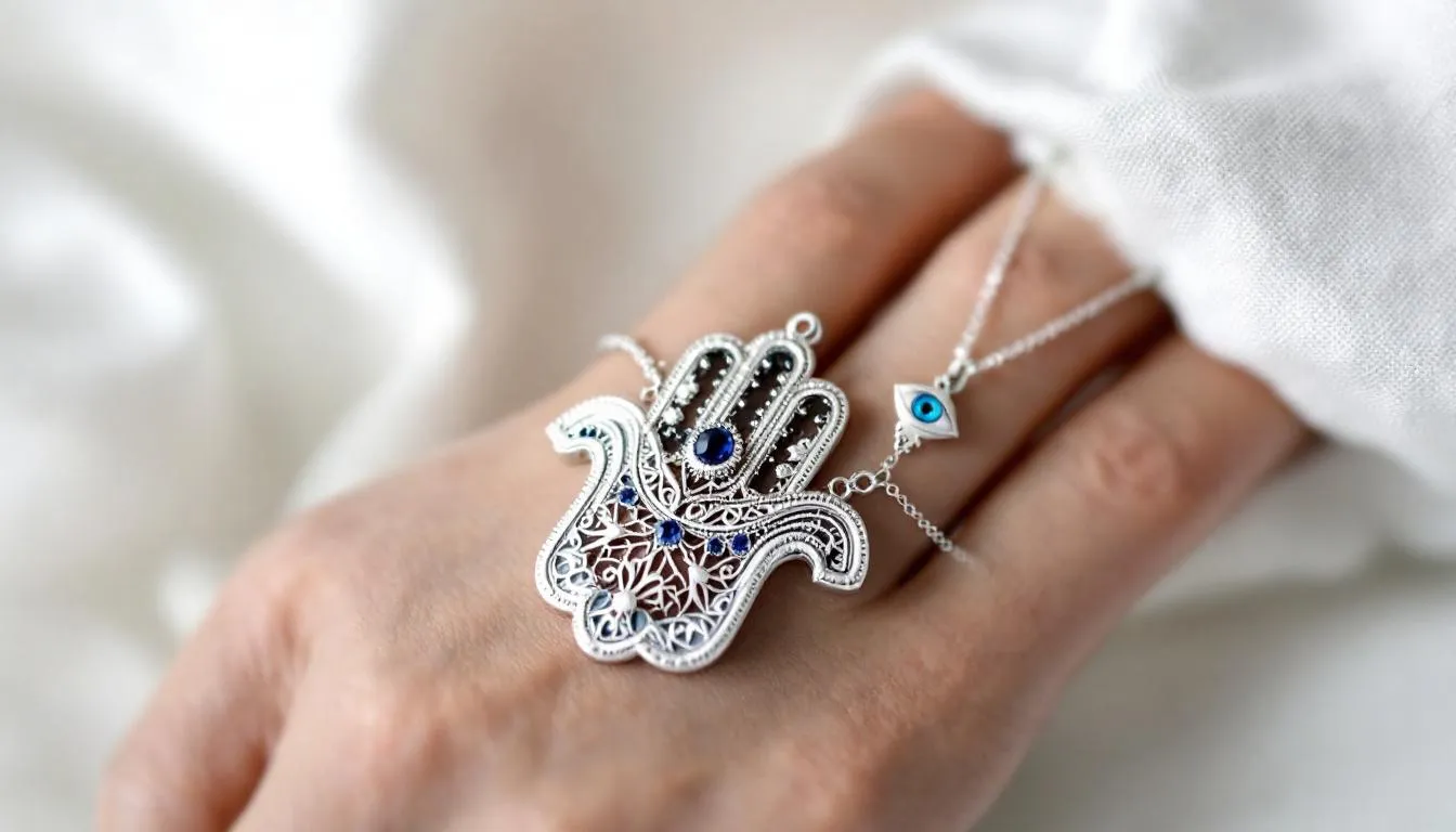 The image showcases a beautiful collection of handcrafted Hamsa hand jewellery, including necklaces, earrings, and bracelets, made from sterling silver and gold. Each piece features intricate designs symbolizing protection and good fortune, often adorned with gemstones and the evil eye, making them perfect gifts for those seeking positive energy and spiritual connection.