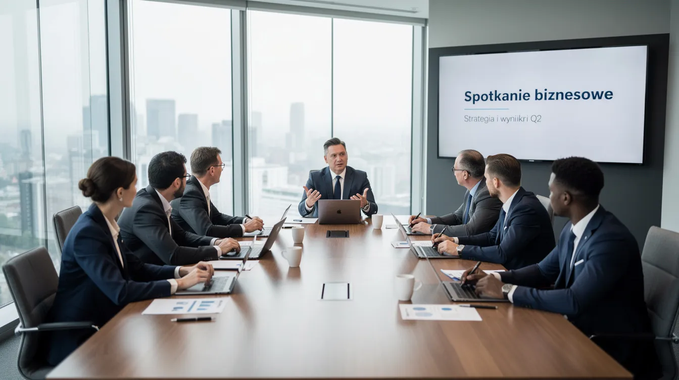 Na obrazku widać zespół biznesowy, który uczestniczy w spotkaniu przy stole konferencyjnym. Uczestnicy dyskutują o strategiach marketingowych i sprzedażowych, a także o kwalifikacji leadów, aby zidentyfikować potencjalnych klientów i poprawić proces zakupowy.