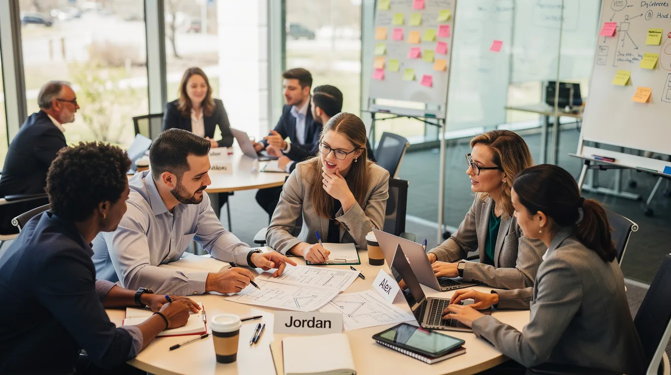 The image depicts a breakout workshop session where small groups of business leaders are collaborating around tables, engaging in discussions that focus on leadership development and team building. This interactive environment fosters diverse perspectives and practical strategies, essential for enhancing leadership skills and employee engagement at corporate events.