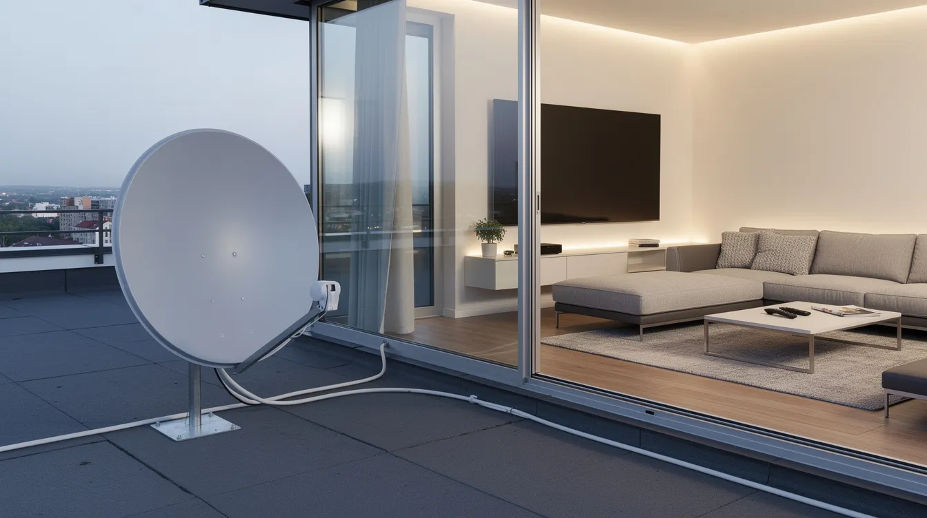 The image shows a completed satellite TV installation featuring a dish mounted on the rooftop, with a modern living room setup visible below. The living room is equipped with a DSTV Explora decoder, showcasing a stylish and comfortable space ready for enjoying HD channels and various entertainment packages.