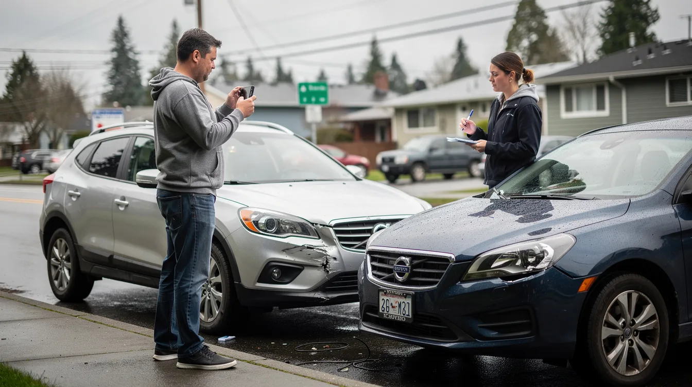 The image captures the aftermath of a minor car accident in Everett, Washington, featuring an adult driver documenting the scene with a smartphone while another person exchanges contact and insurance details. The vehicles, realistic sedans with visible damage, are parked safely on a damp suburban street, emphasizing the importance of gathering evidence and handling the situation responsibly after a car crash.