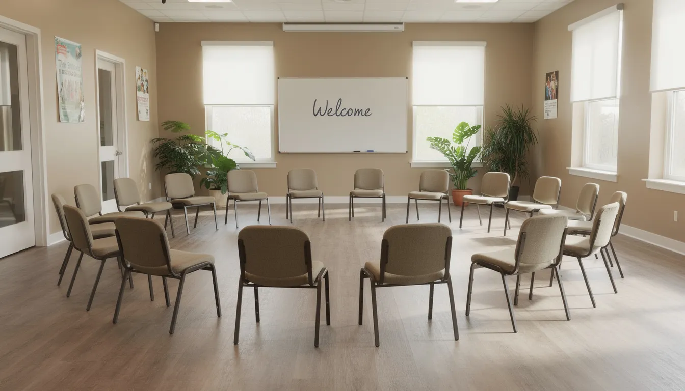 The image depicts a welcoming community center meeting room, with chairs arranged in a circle, inviting members to engage in a support group for hoarding disorder. This setting fosters a sense of community and connection for individuals and families affected by hoarding behavior, providing a space for open discussion and recovery.