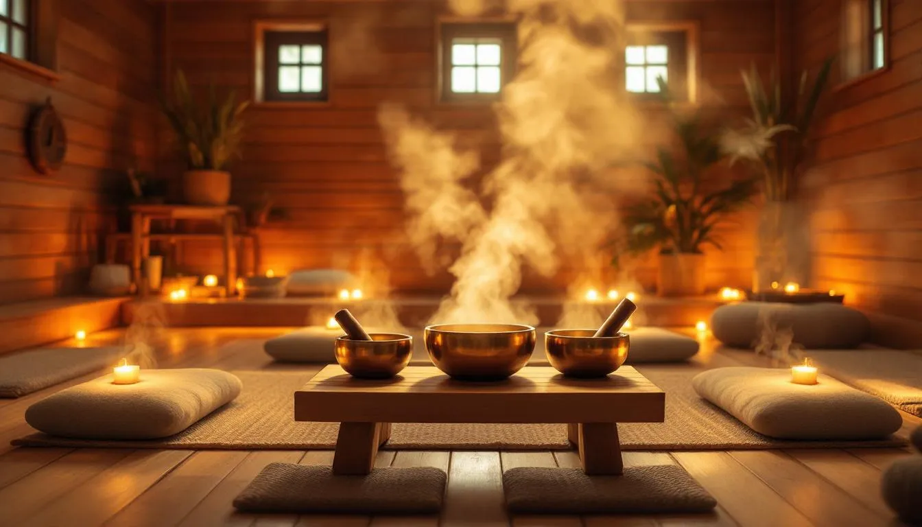 A guided meditation session in a sauna with sound bowls.