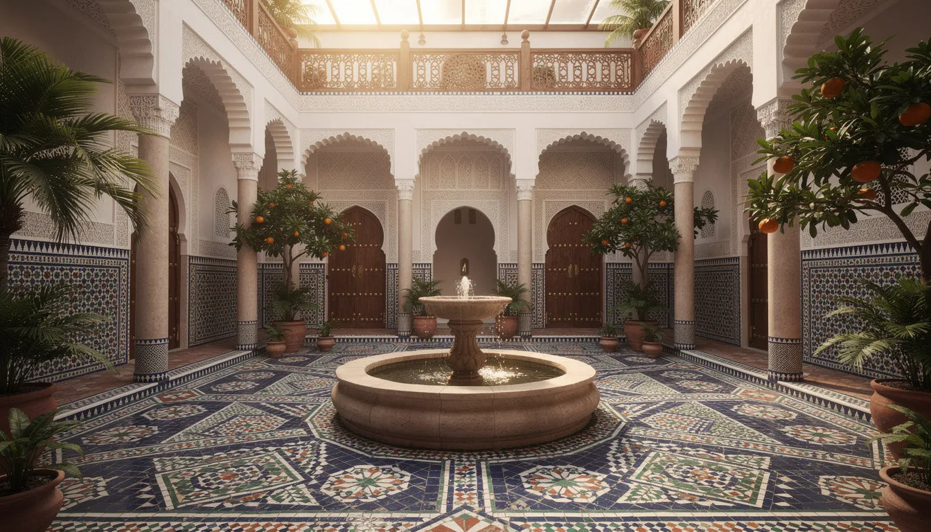 The image depicts a traditional Moroccan riad courtyard featuring intricate decorative tiles and a central fountain, embodying the serene beauty typical of Morocco's architectural heritage. This tranquil space reflects the charm of the country's rich culture, often found in major cities like Marrakech and Fes, attracting visitors who seek to explore its UNESCO World Heritage sites.
