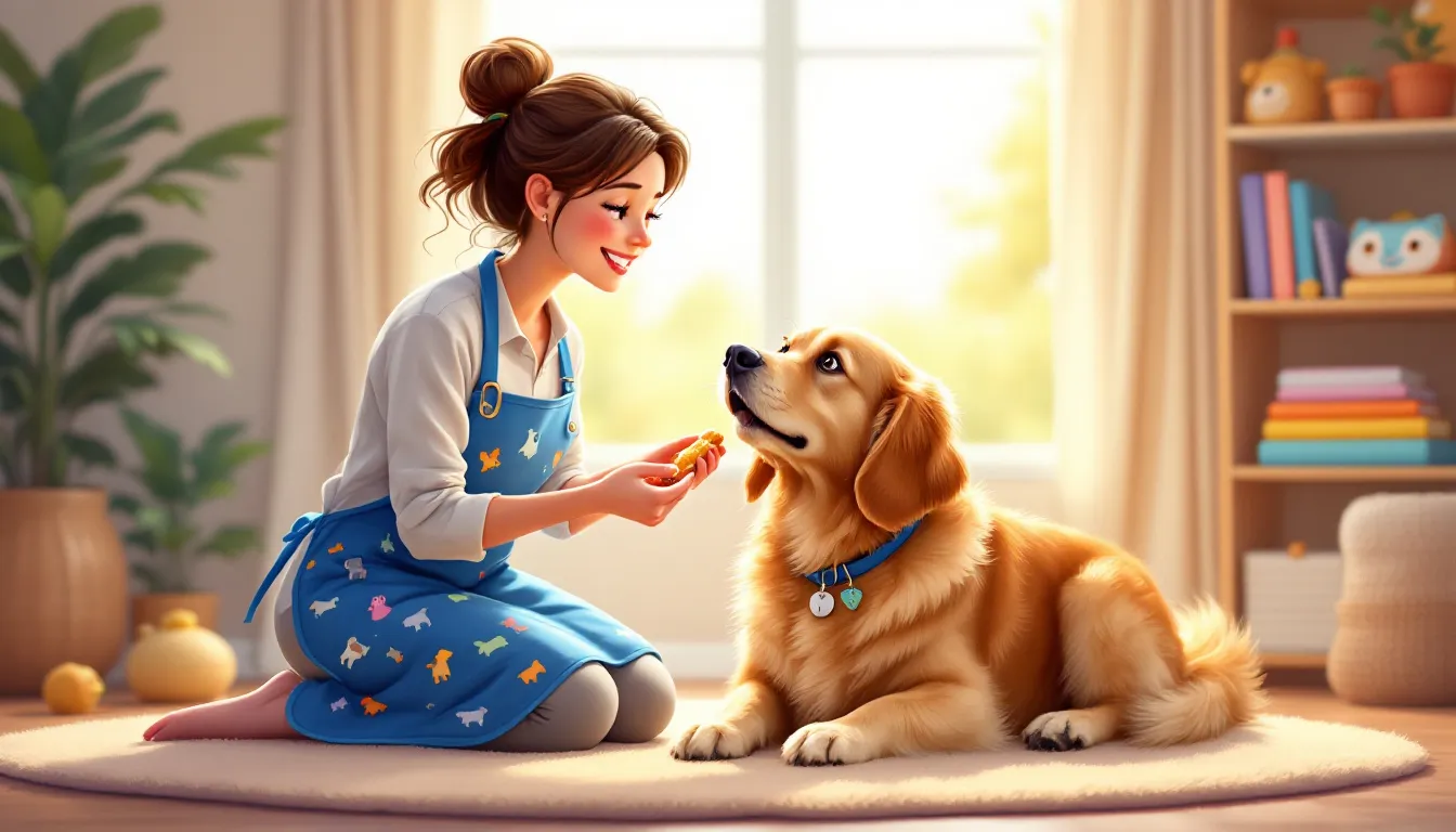 A pet owner preparing their dog for a vet visit, ensuring a calm and happy experience.