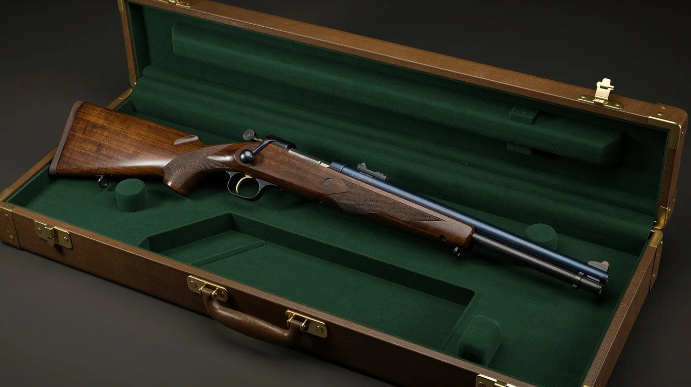 The image features a vintage wooden-stocked rifle elegantly displayed inside a felt-lined case, highlighting its craftsmanship and historical significance. This antique firearm may evoke discussions surrounding gun laws in New York, including regulations on possession and the licensing process enforced by local law enforcement agencies.