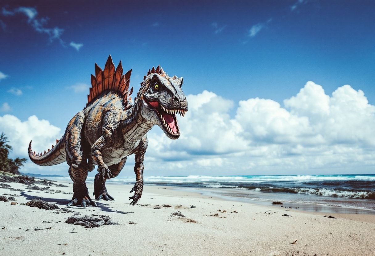 A beach scene with a dinosaur.