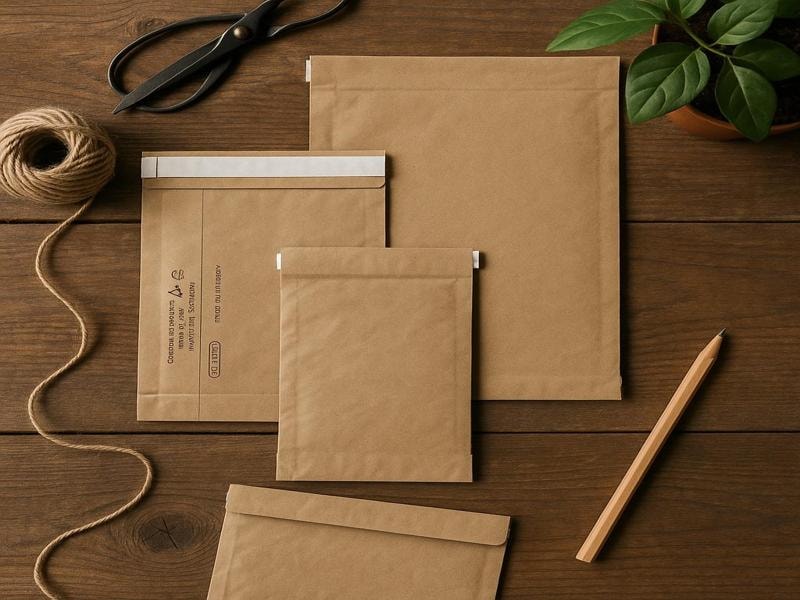 A photo of three brown paper mailers in different sizes placed on a wooden table. Around them are a roll of twine, a pair of black scissors, a small potted plant, and a wooden pencil.