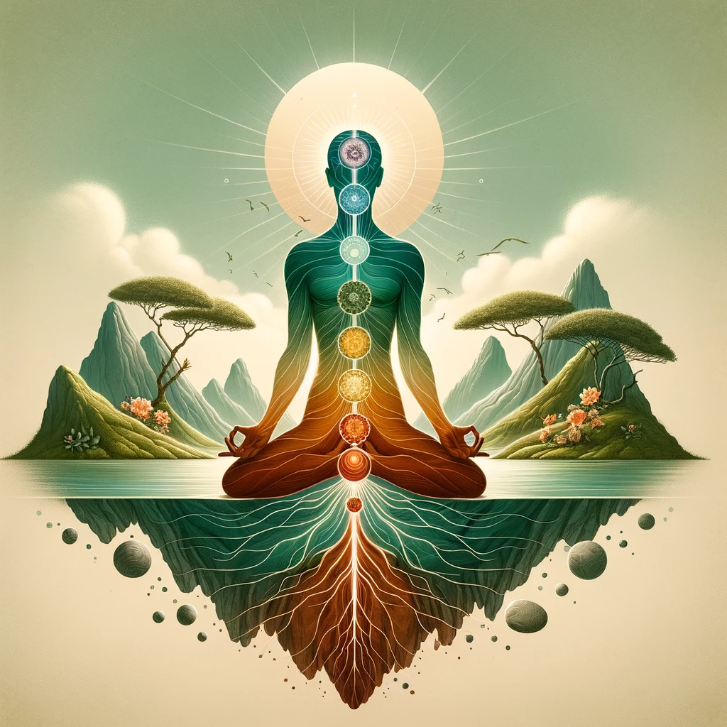 "Embark on a journey through the chakras with this captivating illustration that visualizes the serene balance of the body's energy centers. Each chakra is depicted as a vibrant, luminous orb aligned along the spine, harmoniously integrating with the tranquil nature surrounding it. This image is a celebration of spiritual awakening, perfect for enhancing mindfulness and meditation practices."