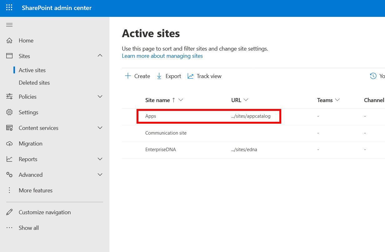 Active sites will show you have create app catalog successfully