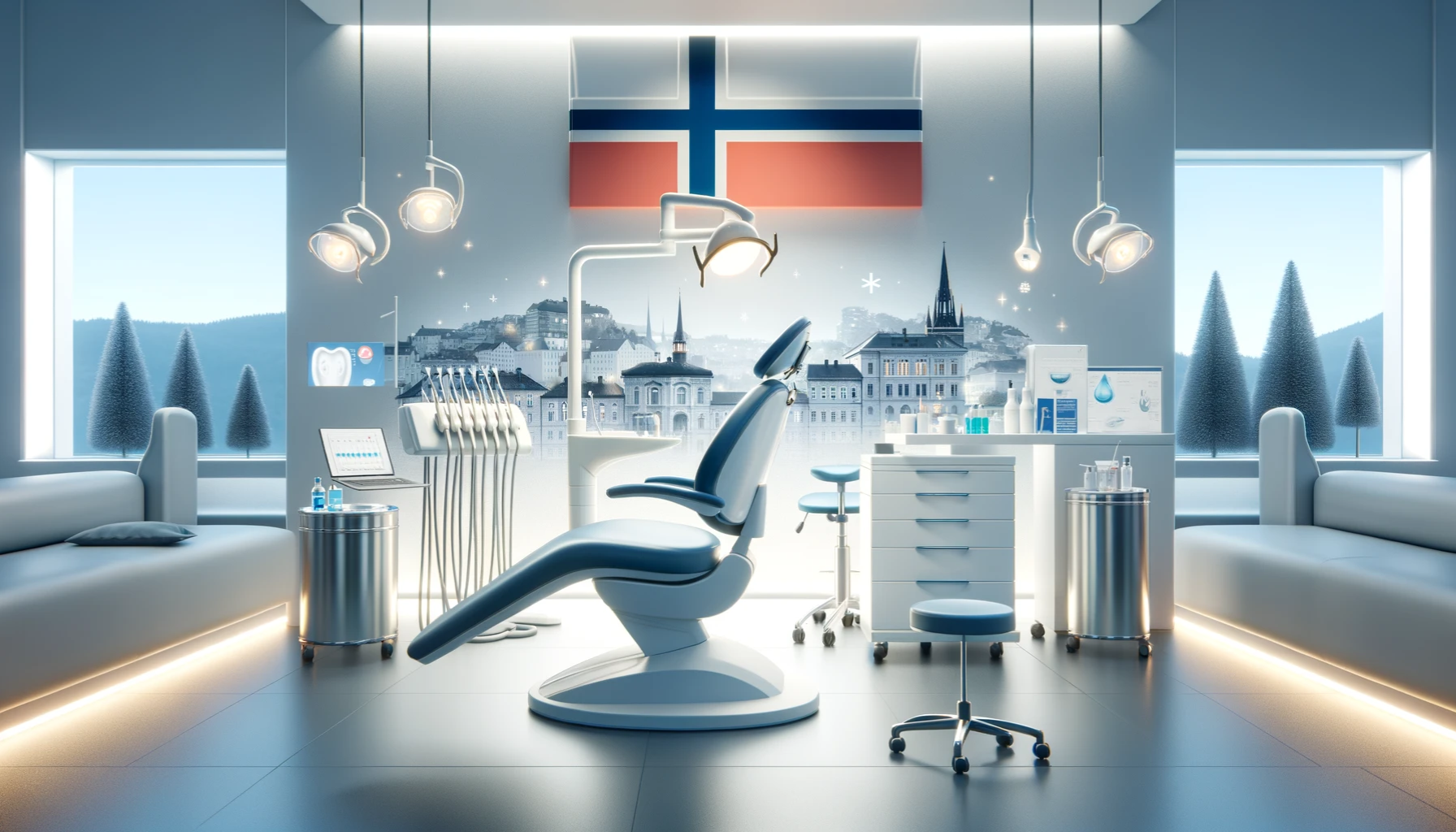 Tannlegepriser i Oslo: Hva bør du vite? 9 Moderne tannlegekontor i Norge med utstyr, behandlingsstol og norsk flagg på veggen i bakgrunnen.