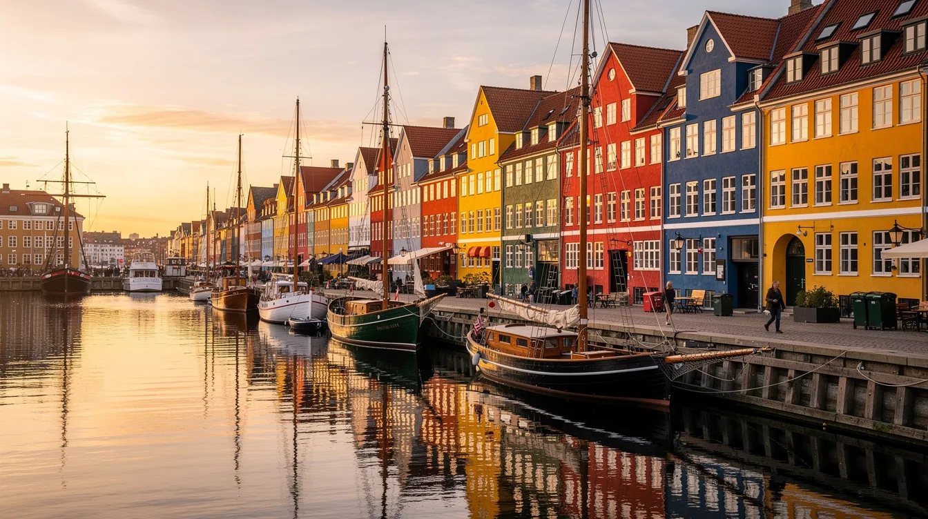 The image depicts a vibrant harbor in Copenhagen, showcasing colorful townhouses lining the waterfront, with calm water reflecting the picturesque skyline. This scene captures the essence of Denmark, a place where Filipinos can learn about work opportunities and build relationships in a beautiful environment.