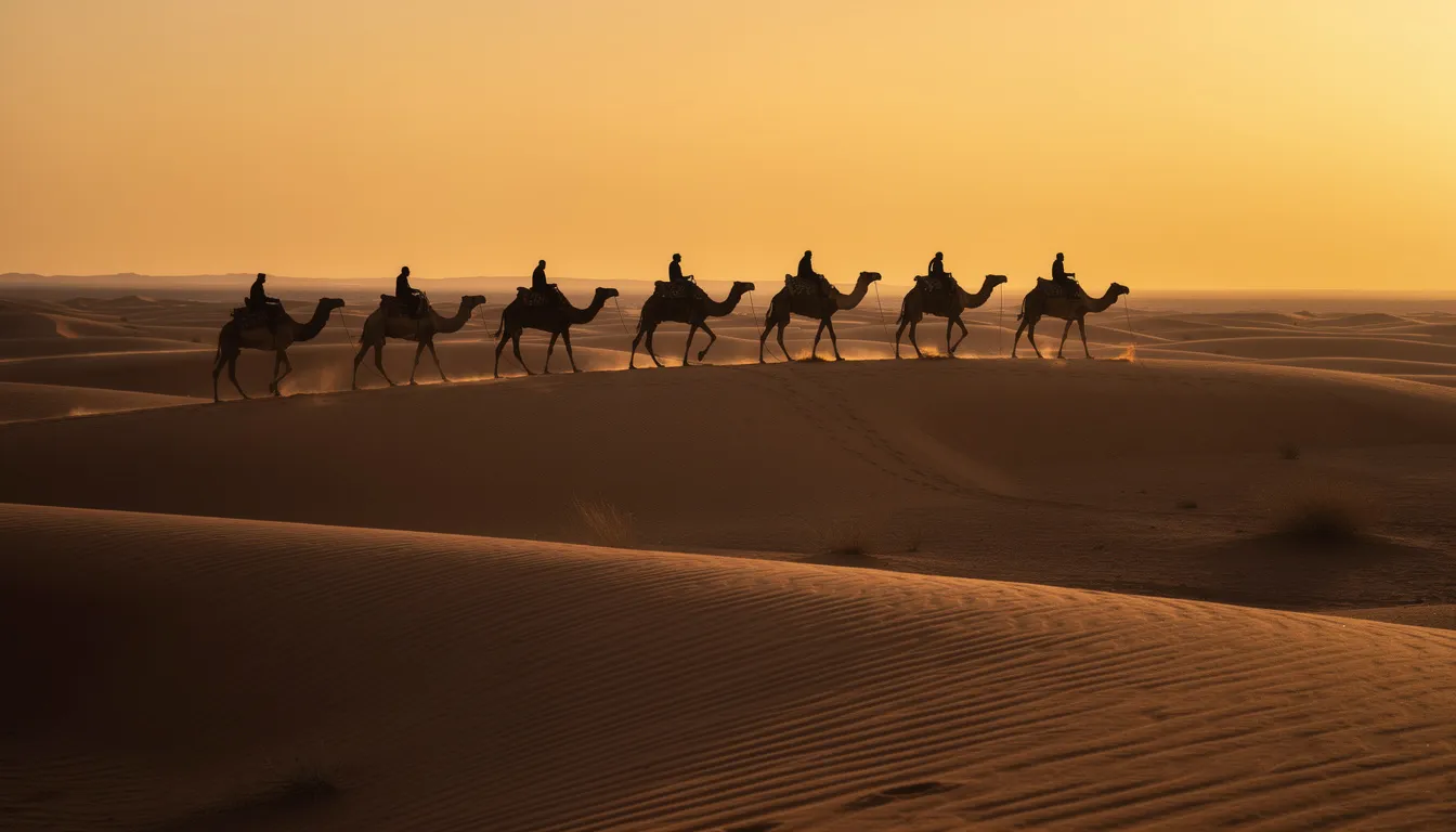 The image features silhouettes of camels gracefully walking along the sand dunes during a stunning sunset, with a golden sky creating a breathtaking backdrop. This scene captures the essence of a desert adventure, evoking the tranquility and beauty of a luxury desert camp experience in the Sahara.