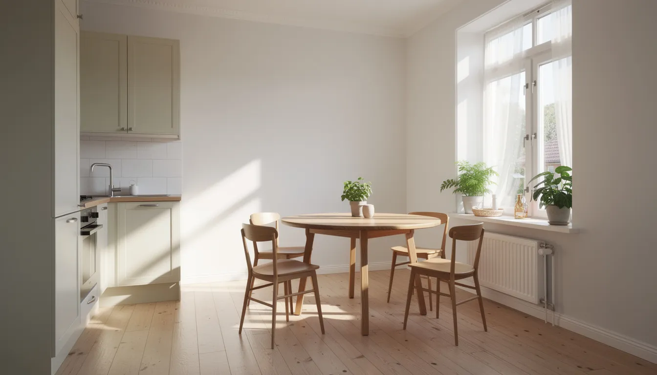 En ljus och inbjudande köksmiljö med ett runt litet matbord av trä och två stolar placerade vid ett fönster, vilket skapar en perfekt matplats för mindre utrymmen. Rummet är välkomnande och passar bra för både frukostar och middagar.