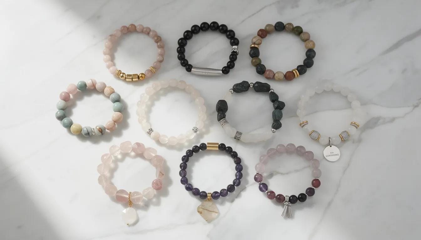 A collection of various beaded bracelets, showcasing different styles and vibrant colors, is elegantly arranged on a smooth marble surface. Each finished bracelet features unique beading patterns, including stretchy beaded designs, highlighting the creativity and craftsmanship involved in bracelet making.