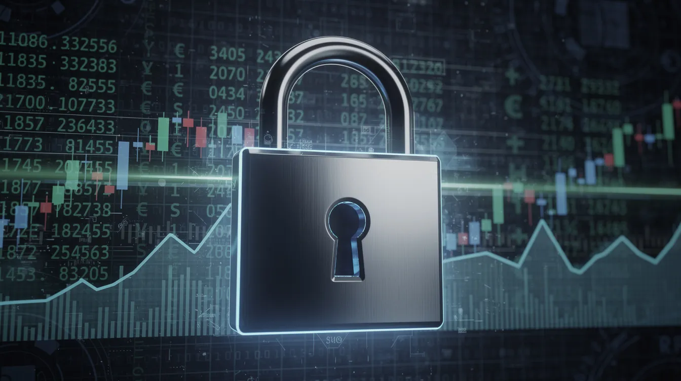 The image features a secure digital lock symbolizing protection of financial data, with streams of financial data in the background, representing the secure management of business accounts. This visual highlights the importance of safeguarding local account details and managing international payments, as seen with services like Wise Business and Revolut Business.