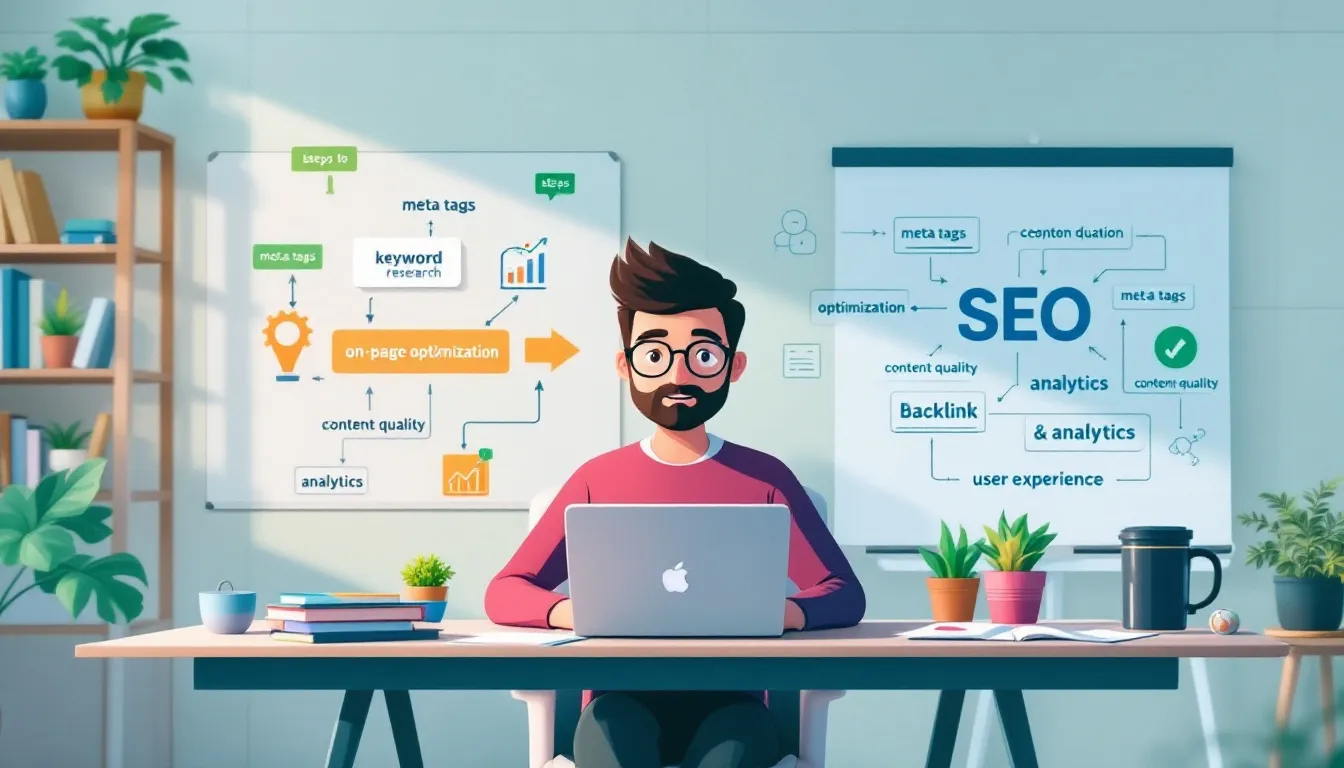 The image illustrates an SEO strategy and methodology, highlighting key elements such as keyword research, link building, and creating high-quality content to enhance online visibility for small businesses. It also emphasizes the importance of tools like Google Search Console and Google Analytics in optimizing search engine results and attracting more customers.