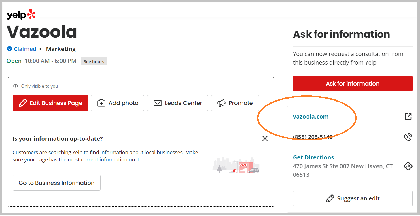 An example of a Yelp business profile backlink of Vazoola