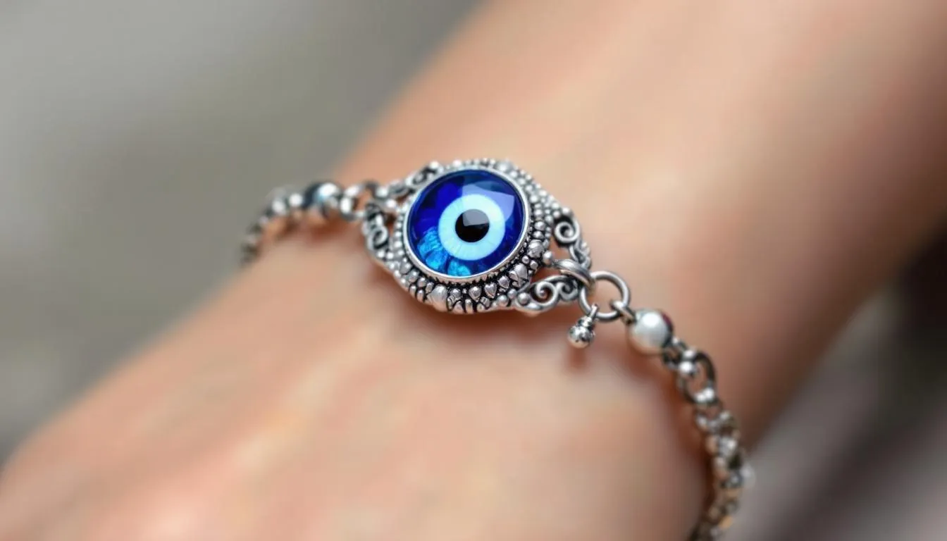 The image features a stunning evil eye bracelet, showcasing a vibrant blue enamel eye symbol set in a delicate gold-plated design. This beautiful piece of jewellery is not only a stylish accessory but also carries a deep meaning of protection and positivity, making it a treasured addition to any collection.