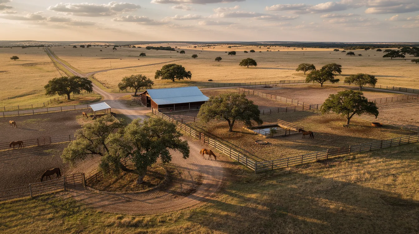 An aerial view captures a sprawling Texas ranch where horses graze peacefully among vast green pastures, showcasing the beauty of rural life. The image reflects the essence of financial security and responsible management, akin to the principles behind spendthrift trusts that protect beneficiaries' interests.