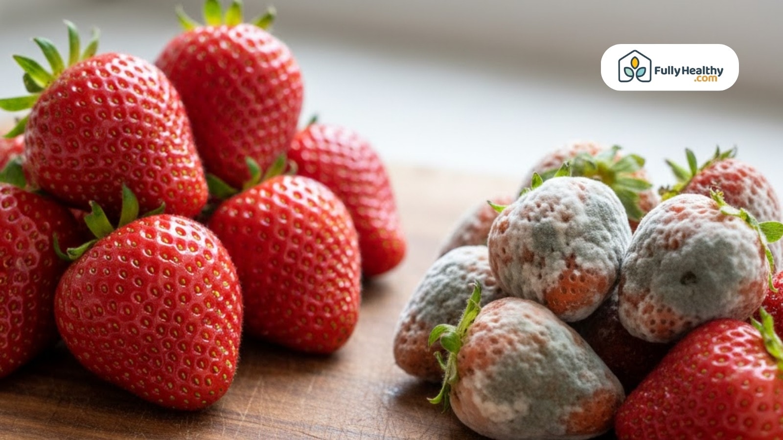Fresh strawberries beside moldy strawberries showing clear spoilage comparison