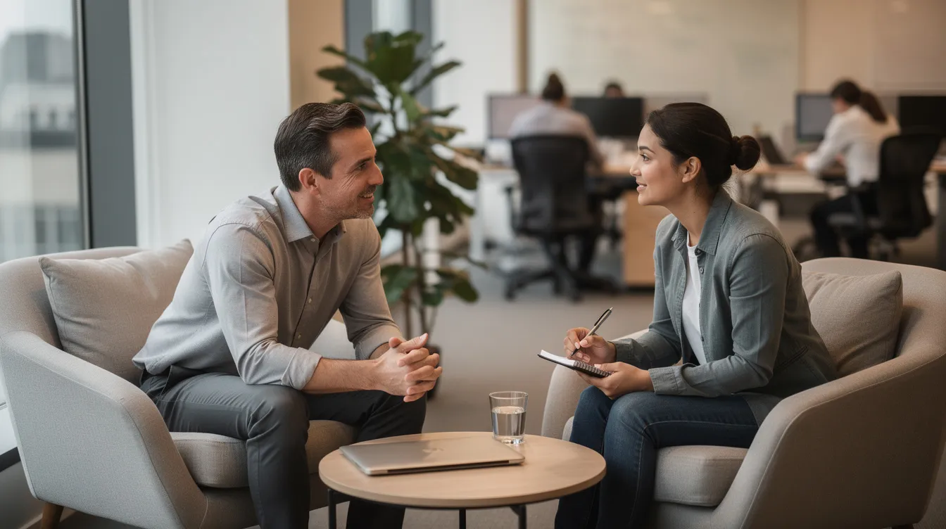 Dans un coin tranquille d'un bureau, un manager et un membre de l'équipe ont une conversation de coaching soutenue, axée sur la découverte des besoins et l'amélioration des compétences commerciales. L'échange met en avant l'écoute active et la confiance, essentiels pour le développement d'un bon commercial et l'atteinte des objectifs de l'entreprise.
