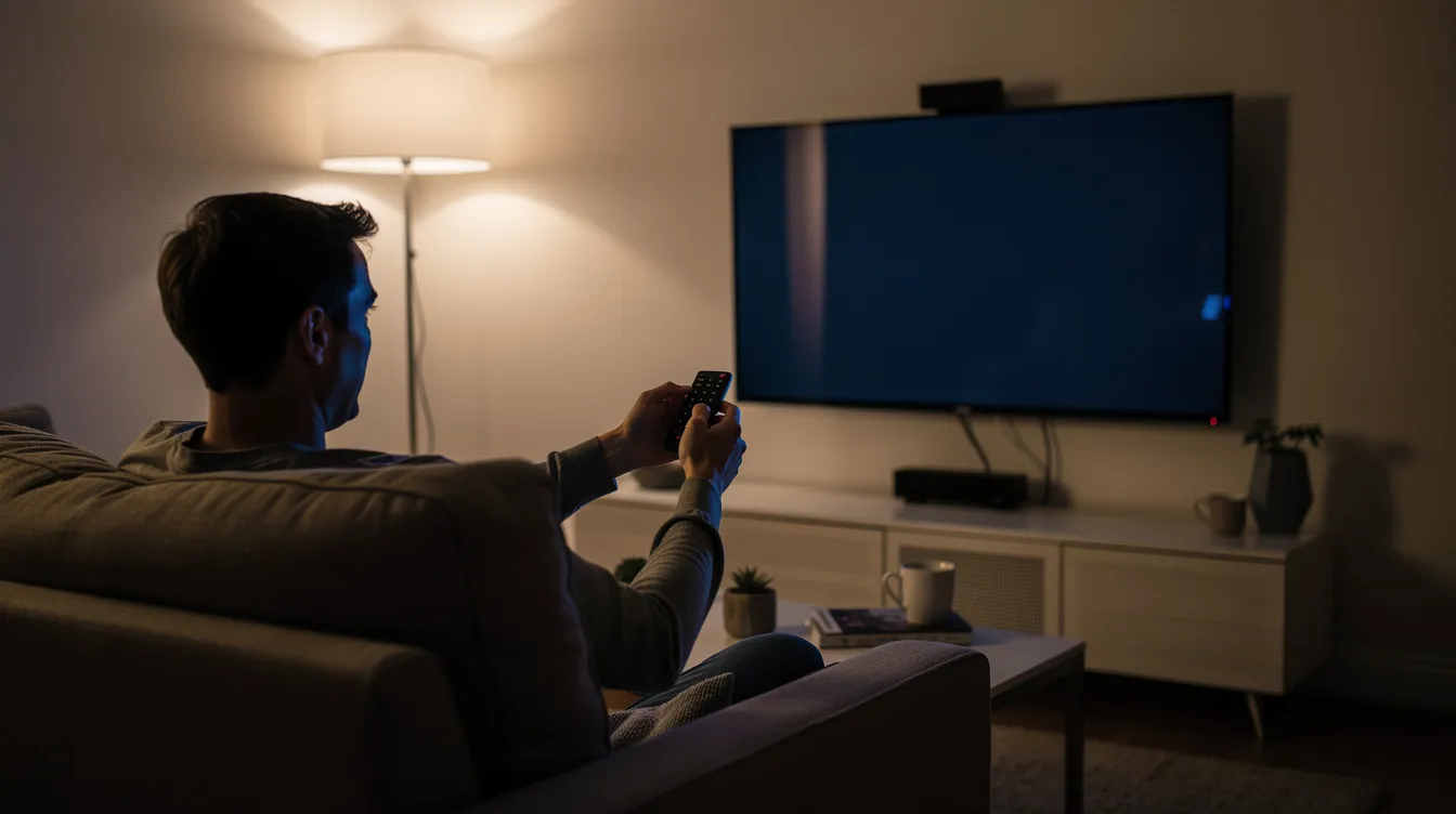 A person is sitting comfortably on a couch, holding a streaming remote and pointing it towards a wall-mounted flat screen TV in a dimly lit room, ready to enjoy live TV channels and on-demand content through their IPTV service. The scene suggests a cozy atmosphere for seamless streaming and high-quality viewing experiences.