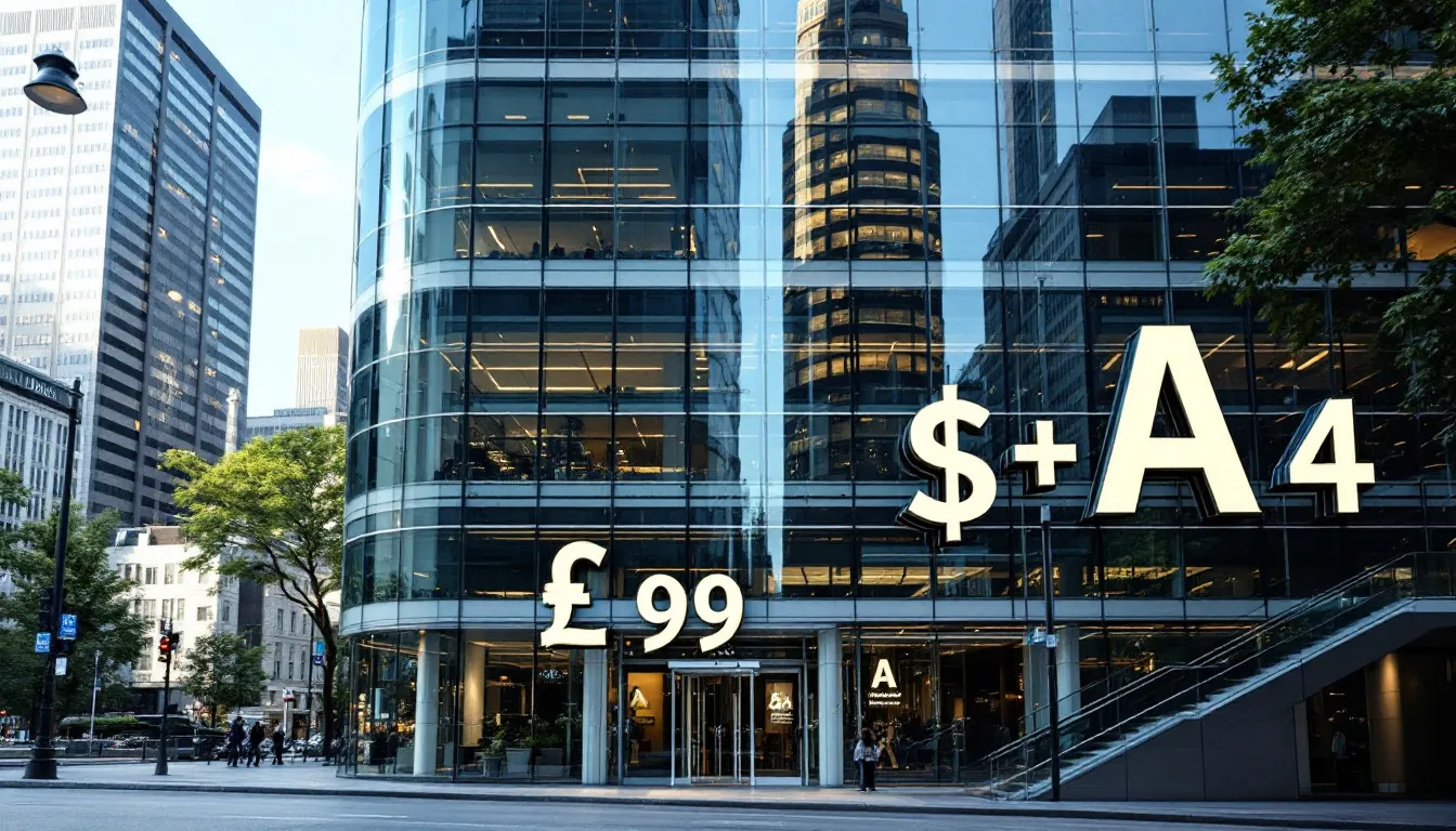 The image depicts a modern insurance company building prominently displaying financial strength rating symbols, which signify the company's reliability and stability in providing services like variable annuities and life insurance contracts. The structure conveys a sense of trust and power, essential for clients seeking guaranteed payments and financial security.