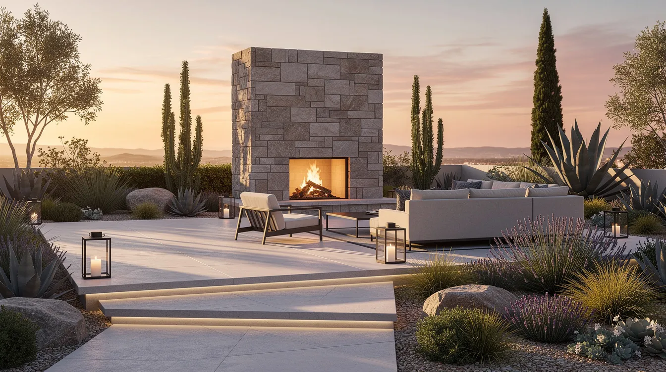 The image depicts a modern outdoor living space illuminated by the warm glow of golden hour, featuring a stylish stone fireplace and a comfortable seating area surrounded by lush, low-water plantings, creating an inviting atmosphere for relaxation and gatherings. This beautifully designed landscape exemplifies the visual appeal and modern design elements that landscaping companies aim to achieve in residential and commercial services.