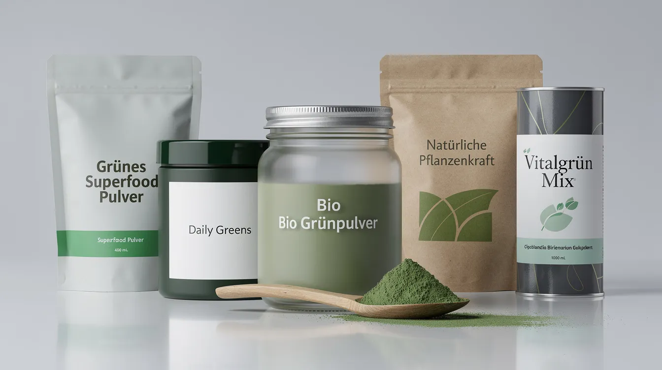 Auf dem Bild sind verschiedene grüne Pulver-Supplements in unterschiedlichen Verpackungen nebeneinander angeordnet, auf einem neutralen Hintergrund. Diese Produkte, die als Nahrungsergänzungsmittel dienen, bieten eine Vielzahl an Vorteilen für das Wohlbefinden und die Vitalität im Alltag.